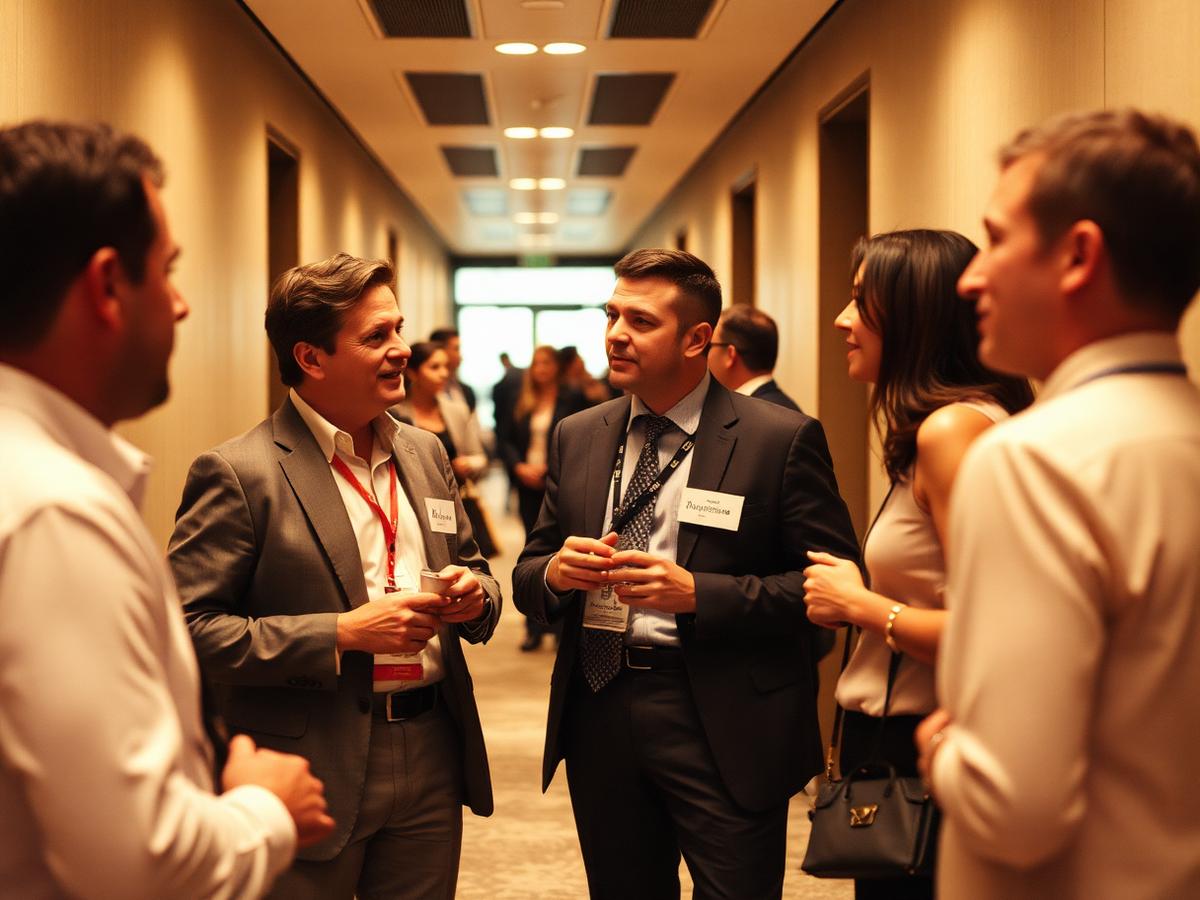 Executives talking in a conference hallway